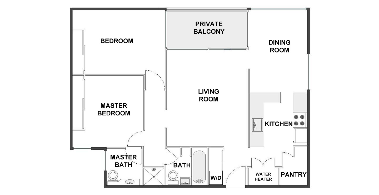 Floor plan for 2 beds, 2 baths, 1100 sqft